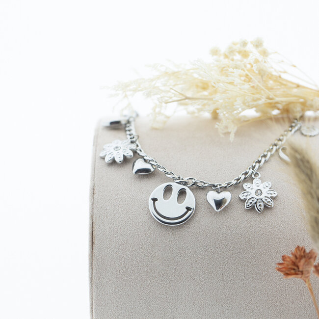 Happy vibes Schakelketting met smiley hart en bloem bedels