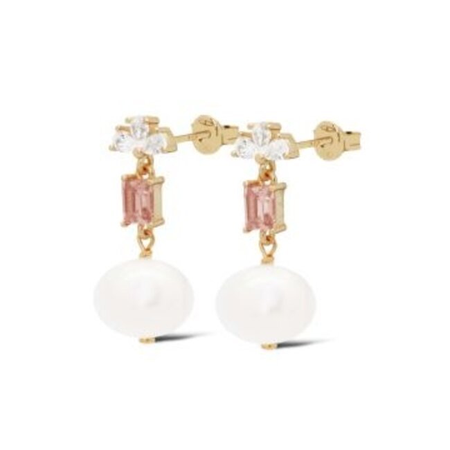 Goud oorbellen met peach steentje en parel