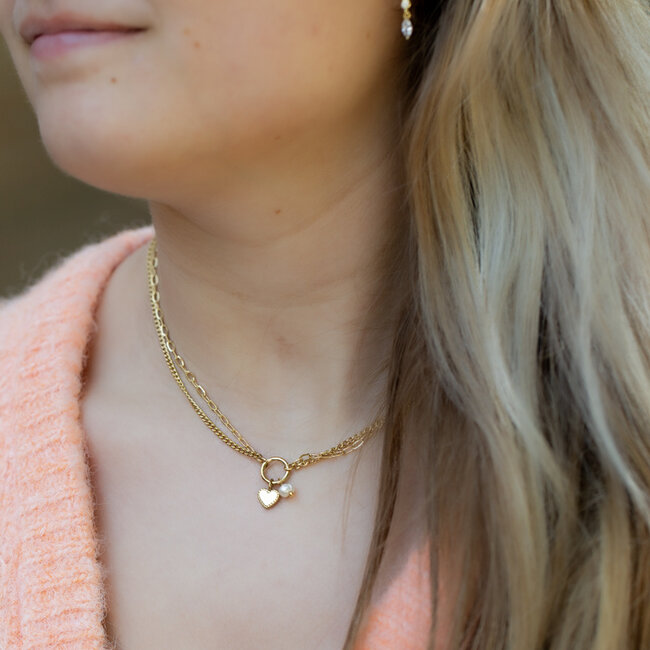 Dubbele schakel ketting met hartje en parel