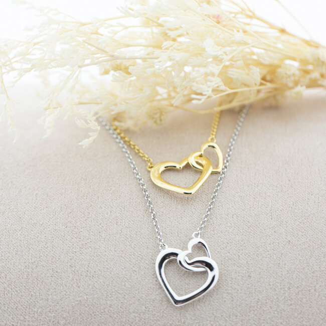 Echt zilver  ketting verbonden dubbel hart
