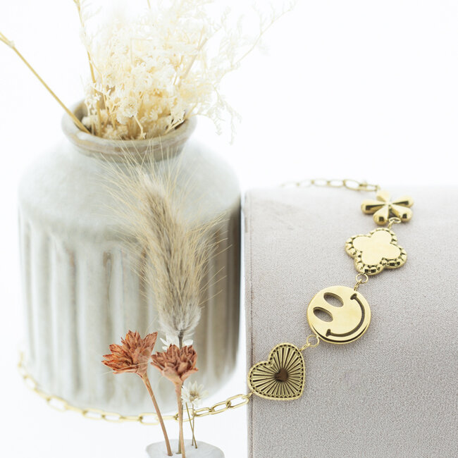 Happy vibes Schakelketting met smiley hart en bloem goud