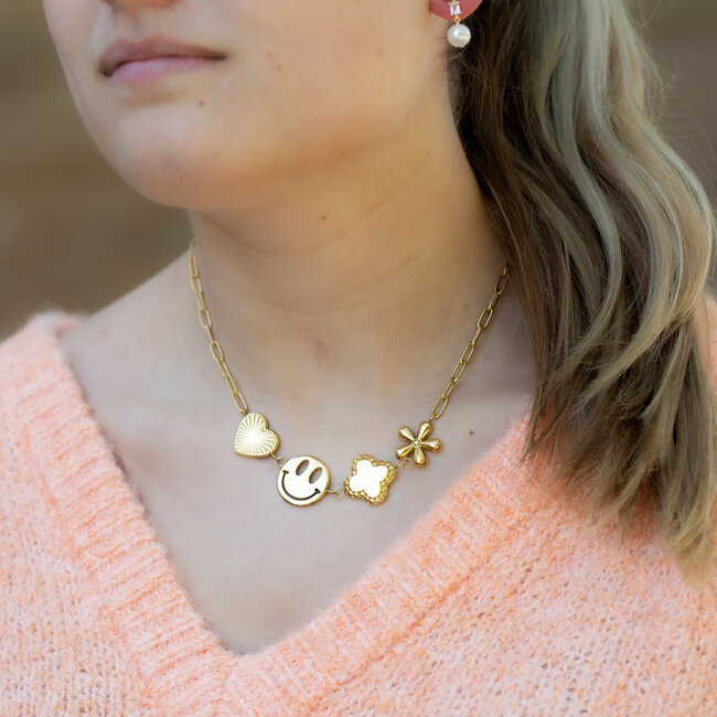 Happy vibes Schakelketting met smiley hart en bloem goud