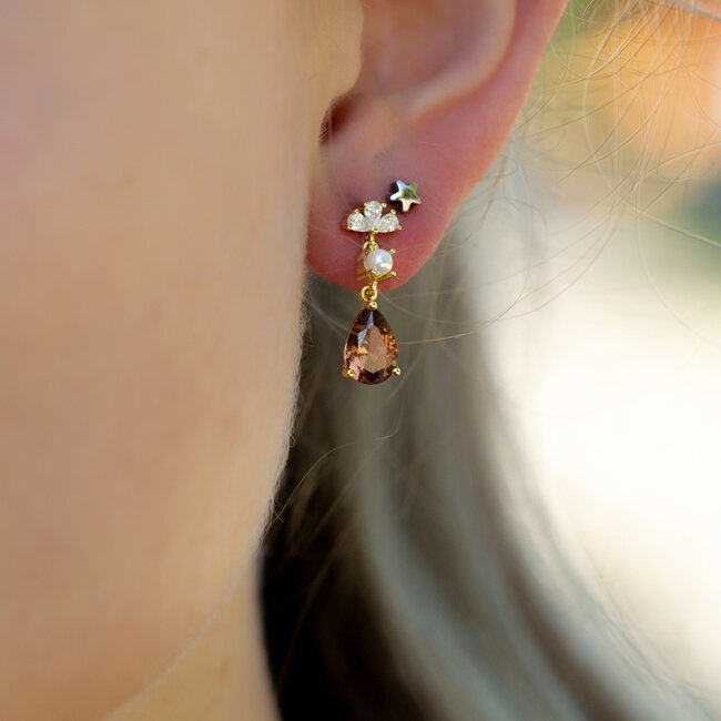 KARMA Goud zirconia druppel oorbellen in caramel bruin