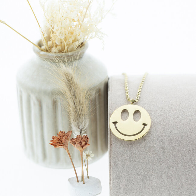 Beadle Lange ketting met grote smiley goud