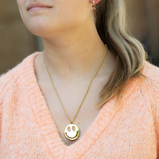 Beadle Lange ketting met grote smiley goud