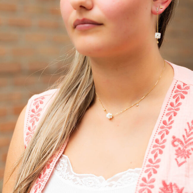 Stainless steel goud ketting of oorbellen met witte kralen bol