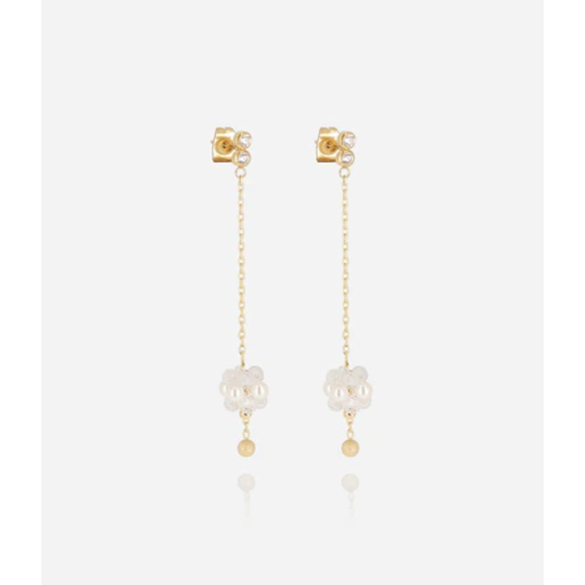 Stainless steel goud ketting of oorbellen met witte kralen bol