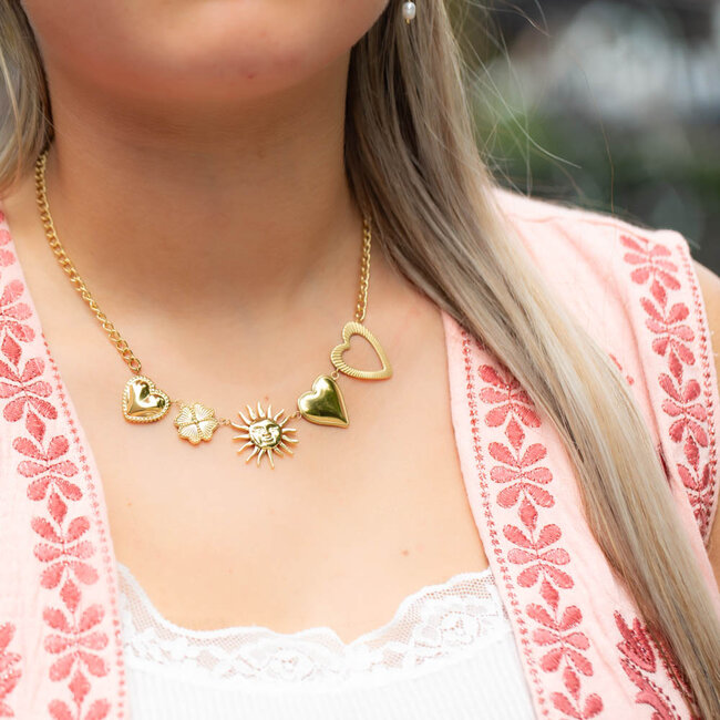 Happy vibes Schakelketting met zon hart en klaver bedels