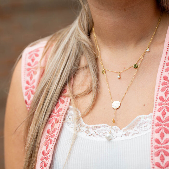 Beadle Goud fijne dubbele ketting met munt en parels
