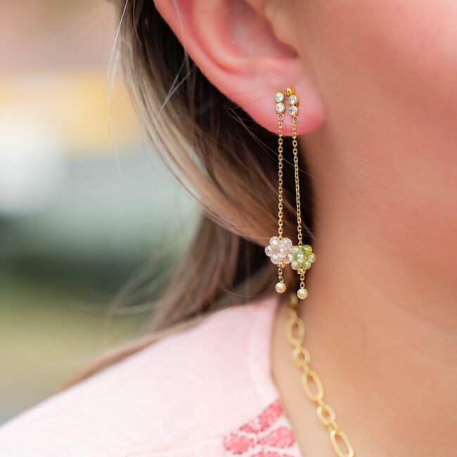 Stylish zirconia en kralen bolletjes lange oorbellen