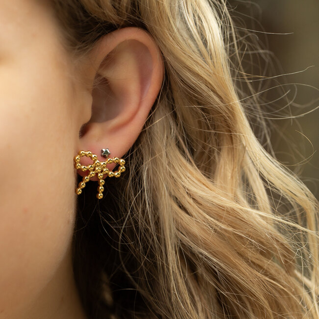 Beadle Stoere Goudkleurige Oorbellen met bolletjes strik