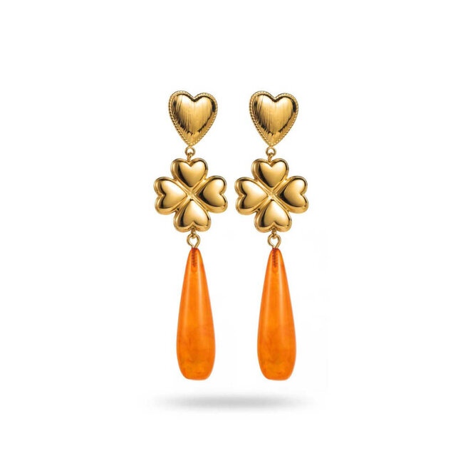 Stainless steel lange hart klaver en oranje druppel oorbellen