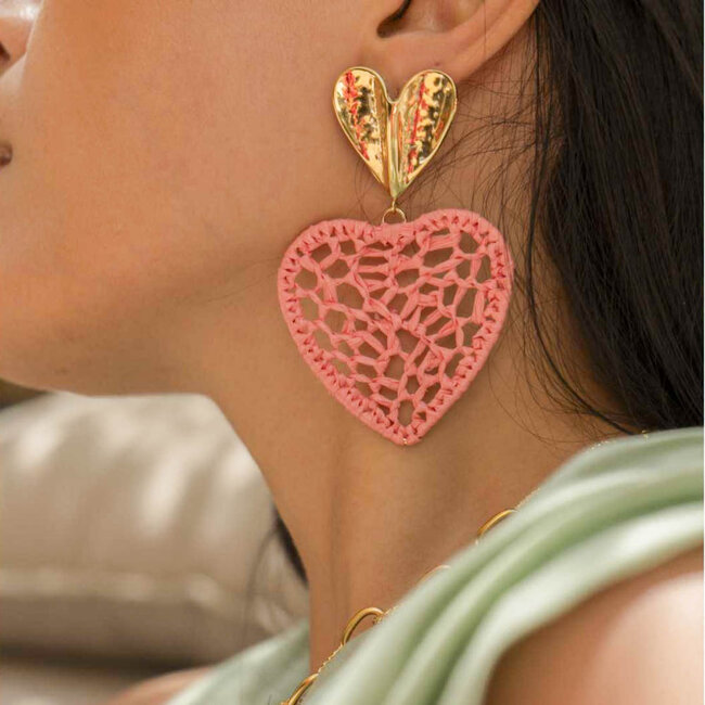 Beadle Vrolijke roze schakelketting of groter hart oorbellen