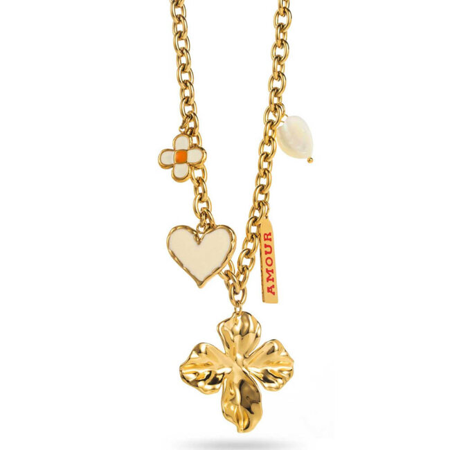 Grove schakelketting met grote bedels als bloem hart en amour