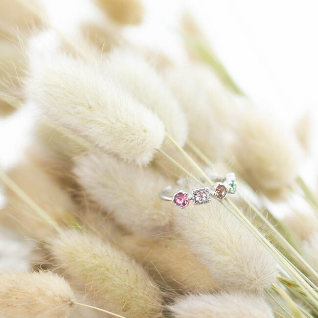 Beadle Stainless steel zilver ring met gekleurde steentjes