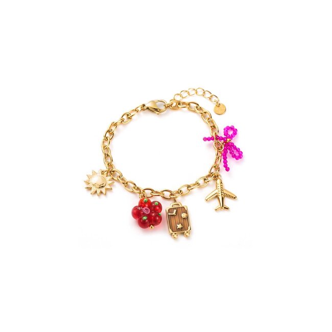 Beadle Goudkleurige reis schakelarmband met koffer en vliegtuig