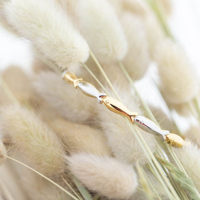 Multicolor goud en zilver vissen bangle armband