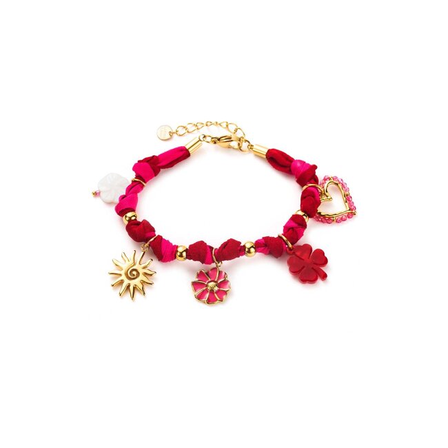 Rood roze geknoopte armband met bloem en klaver bedels