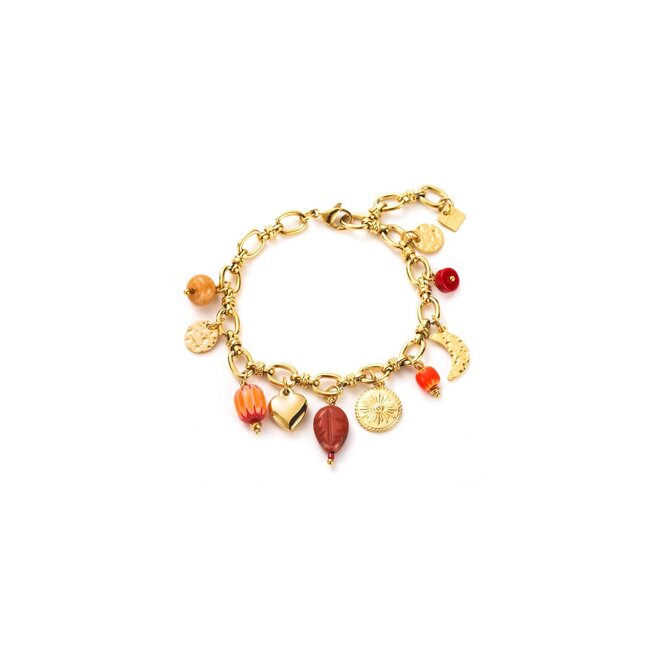 Beadle Goudkleurige schakelarmband met bruin tint bedels