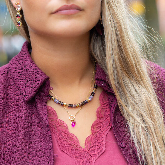 Paars aubergine schijfjesketting of ketting met roze hanger
