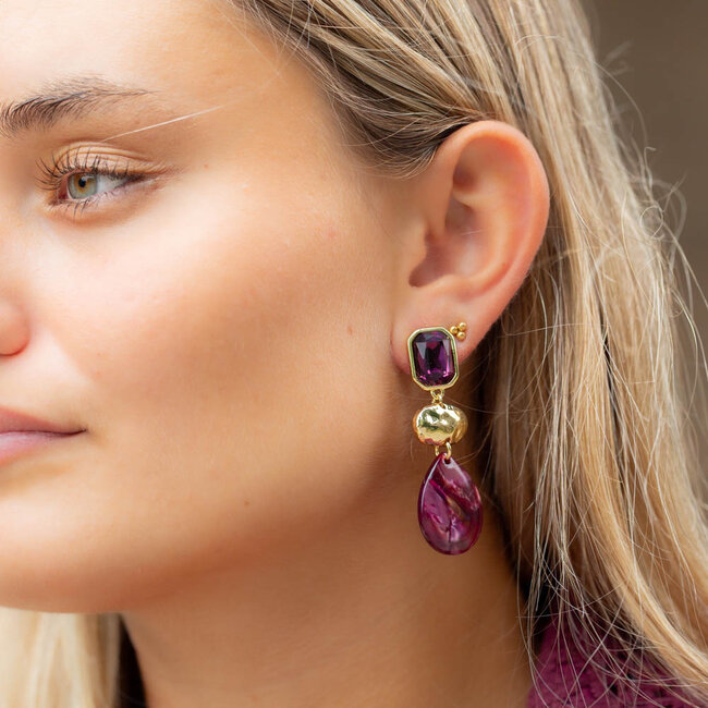 Biba Paars aubergine crystal luxe oorbellen