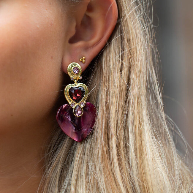 Paars aubergine crystal hart oorbellen