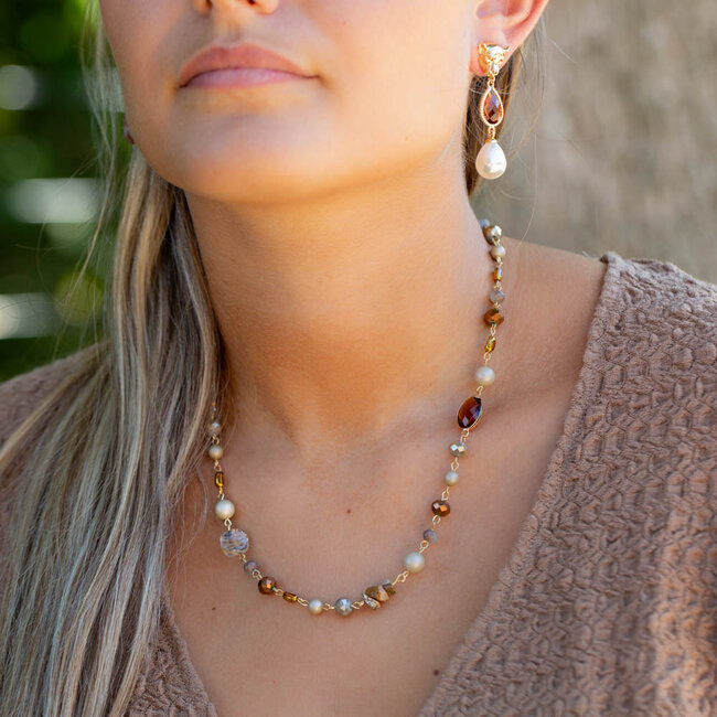 Naturel bruine  beige kralen ketting