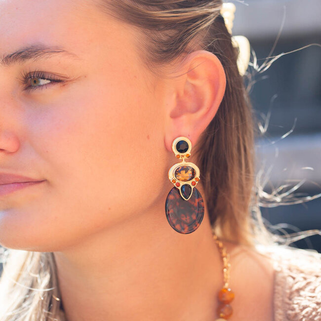 Biba Bruine luxe crystal oorbellen met grote hanger