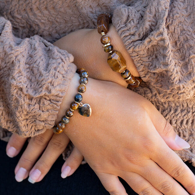 Biba Bruine tijgeroog kralen armbanden met bruin hart