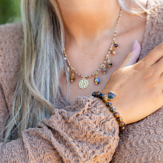 Biba Bruine tijgeroog kralen armbanden met bruin hart