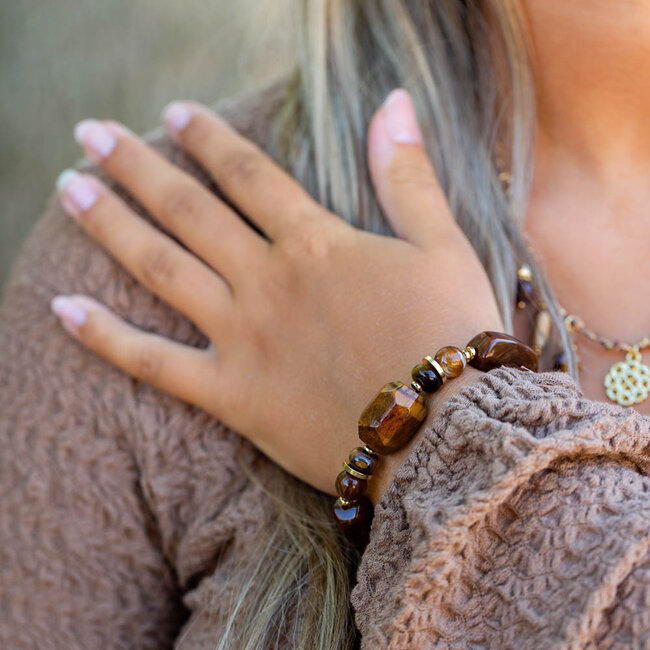 Biba Bruine tijgeroog kralen armbanden met bruin hart