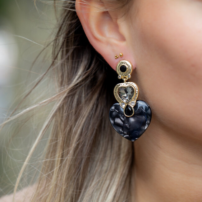 Biba Zwarte crystal hart oorbellen