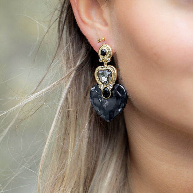 Biba Zwarte crystal hart oorbellen