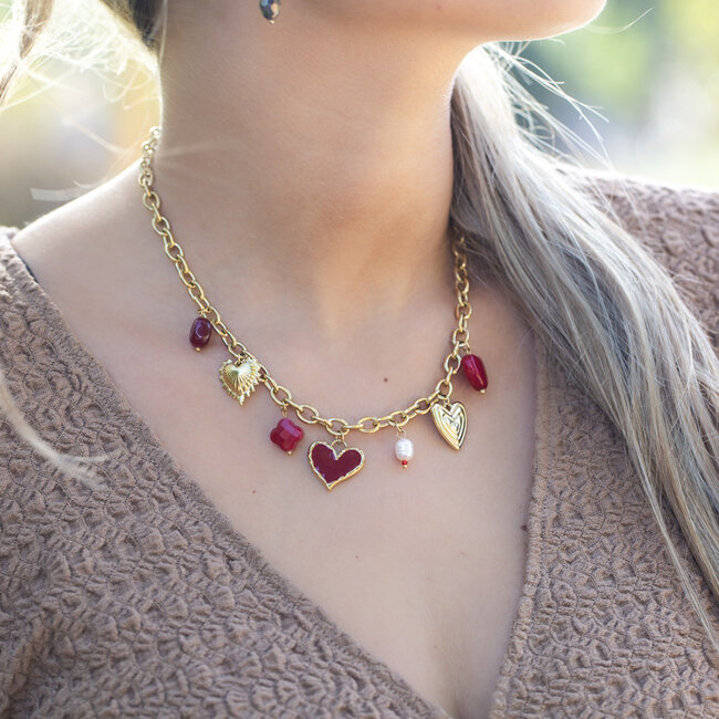 Beadle Romantische rode harten bedel ketting