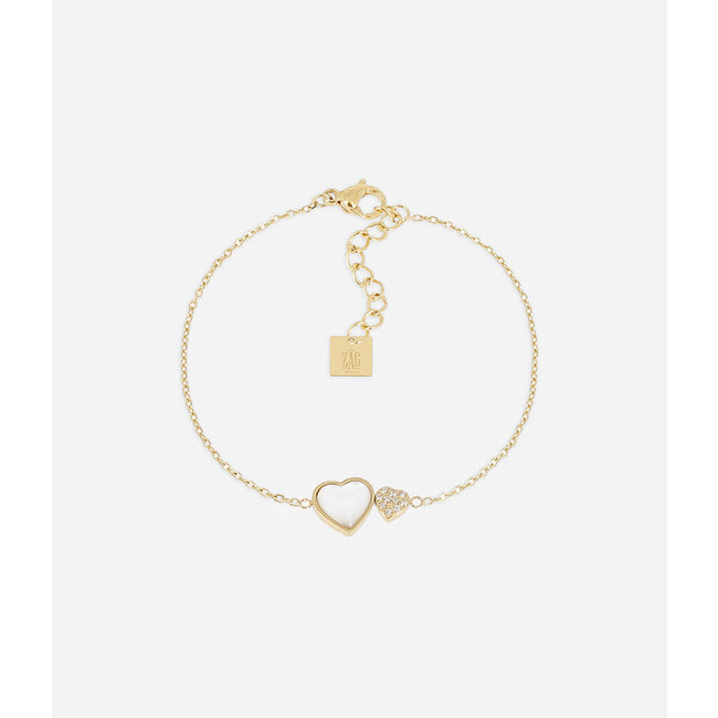 Gouden armband met dubbel hart parelmoer en glitter