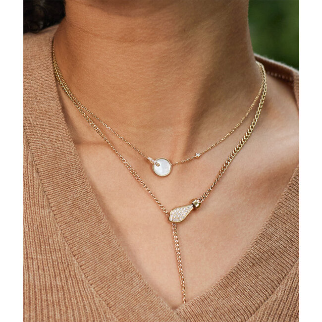 Goud ketting met crystal zirconia hanger of parelmoer muntje