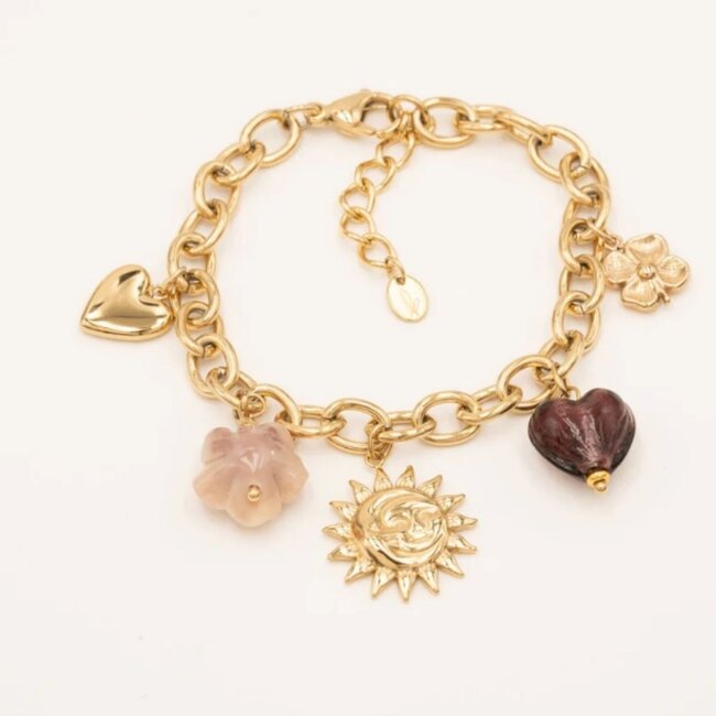 Schakelarmband met roze roos zon en paars hart