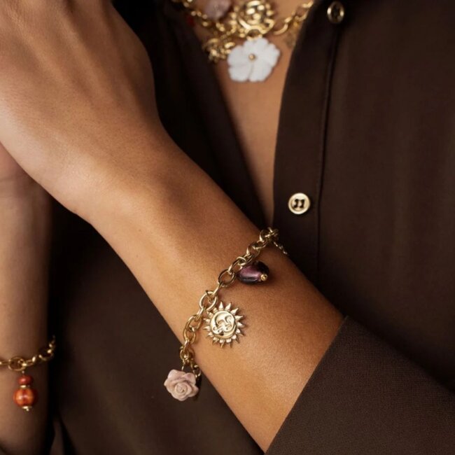 Schakelarmband met roze roos zon en paars hart