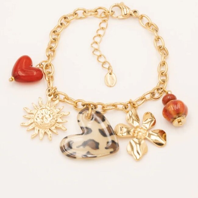 Gouden schakelarmband met tijgerhart, bloem en zon bedels