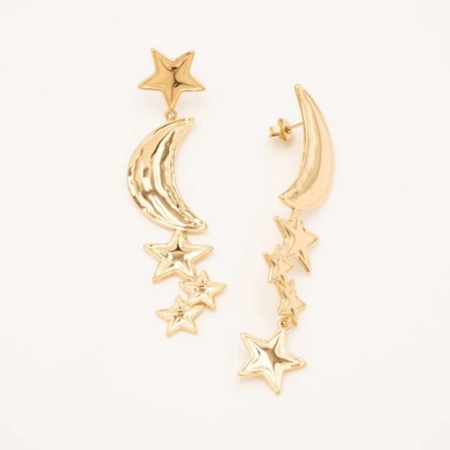 Bohm Paris Gouden maan met sterren lange verschillende oorbellen