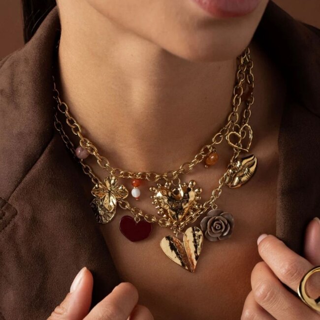 Bohm Paris Opvallende bedel schakelketting met roos en hart
