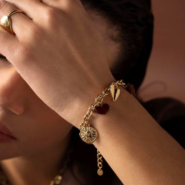 Chunky goud Schakelarmband met  roos en hart