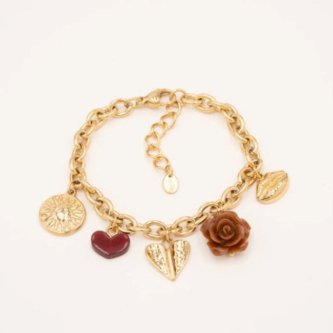 Chunky goud Schakelarmband met  roos en hart