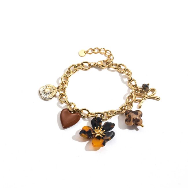Goud schakelarmband met resin bedels tijger hart en bloem