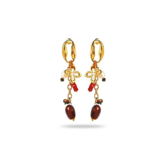 Beadle Lange gouden oorstekers met parel en bedels