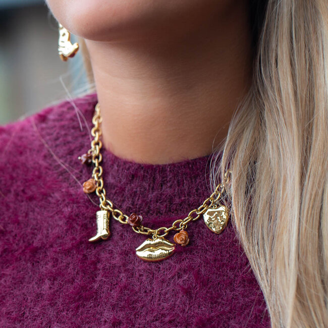 Beadle Vrolijke speelse opvallende schakel ketting met hart, laars lippen bedels