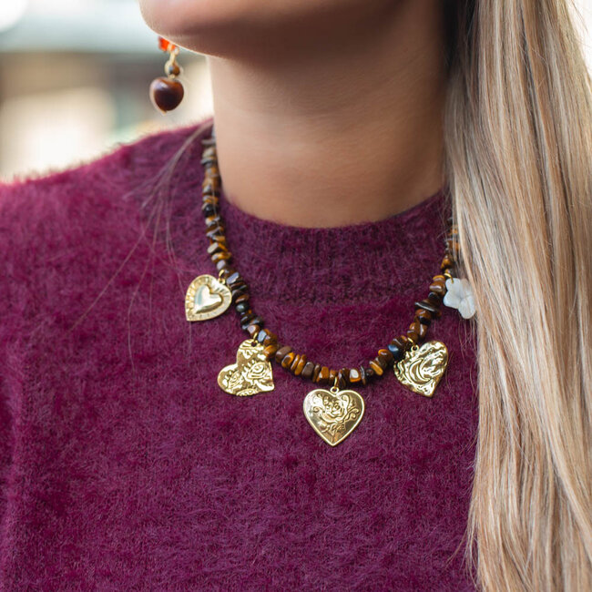 Beadle Trendy ketting met tijgeroog en grote gouden harten