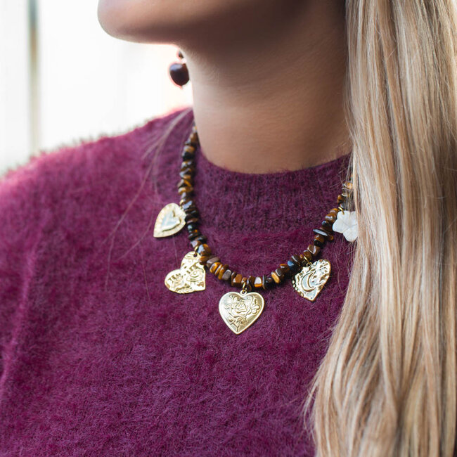 Beadle Trendy ketting met tijgeroog en grote gouden harten