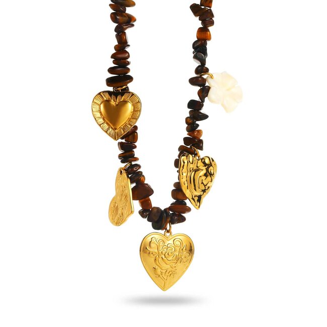 Beadle Trendy ketting met tijgeroog en grote gouden harten