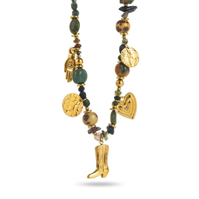 Beadle Opvallende groene bedelketting  met hart en western bedels